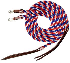 Showman 8ft Red, White, and Blue round braided nylon split reins with leather poppers